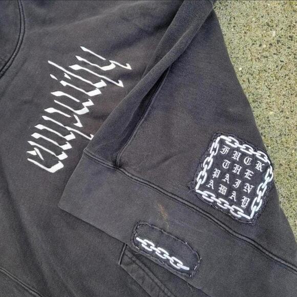 Vtg Y2k RESORT CORPS Empathy Spellout Barbwire Heavyweight Hooded Sweatshirt Med - Picture 2 of 5